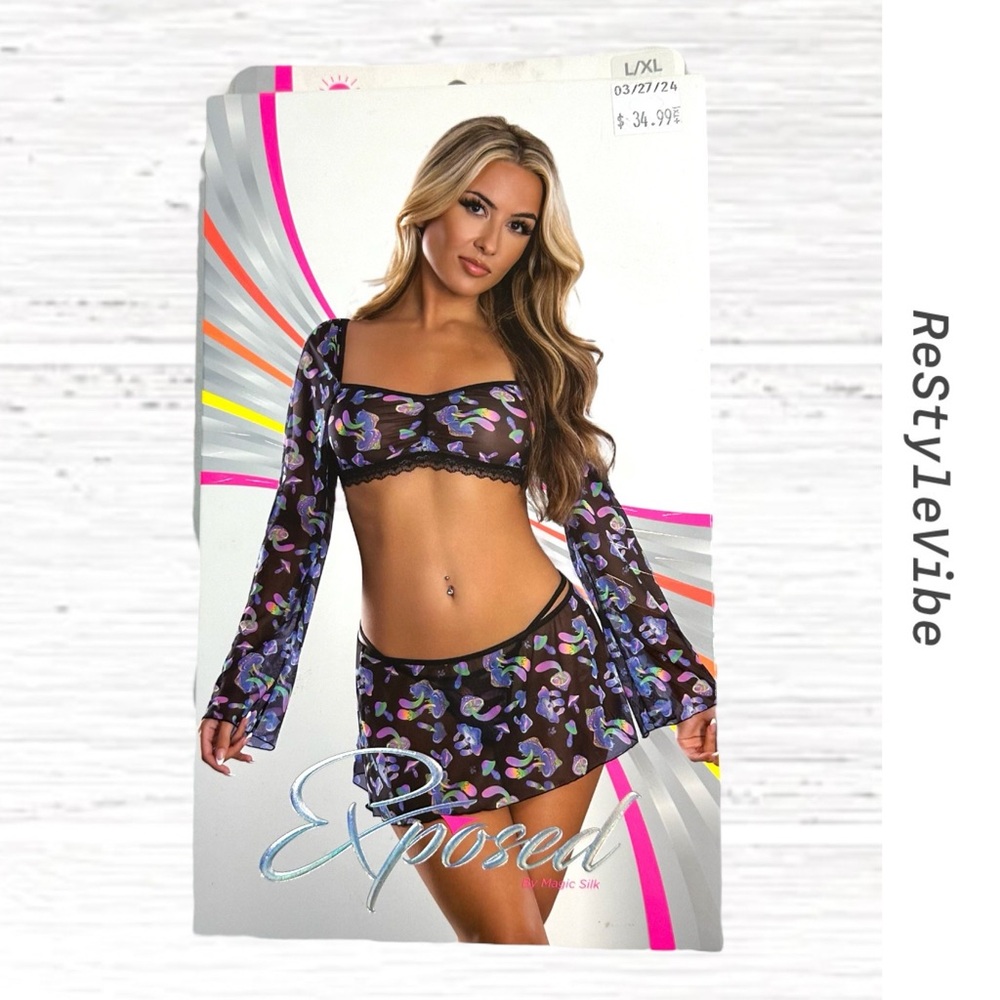 EXPOSED Women’s Size L/XL Lingerie Set NIB 3 Piece Sexy Crop Top Skirt G-String